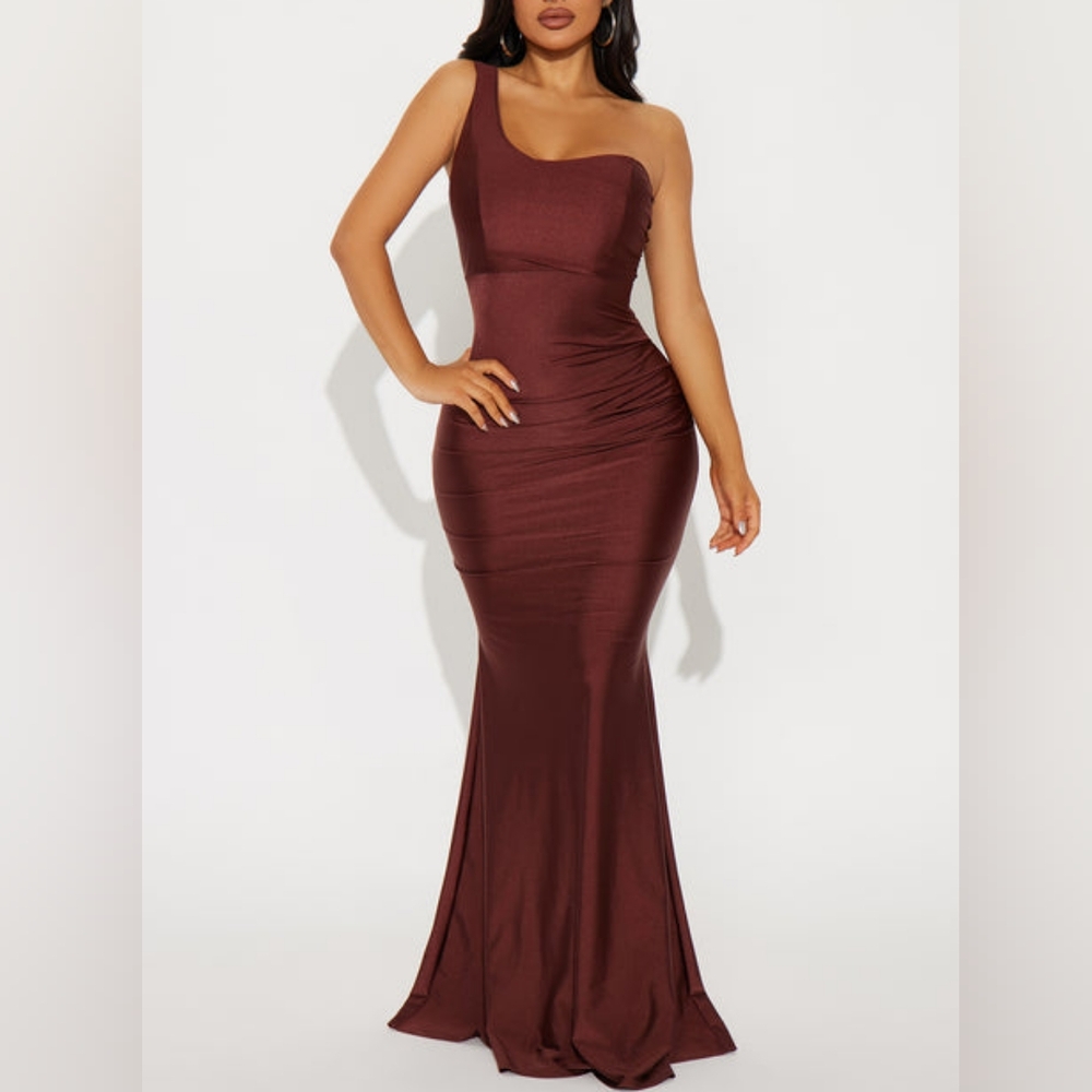 Fashion Nova "Calling You Over" One Shoulder Maxi Dress- Chocolate XS